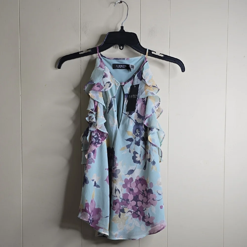 Women's Floral Ruffle Top - Blue and Purple 8 Lauren Ralph Lauren - Picture 2 of 9